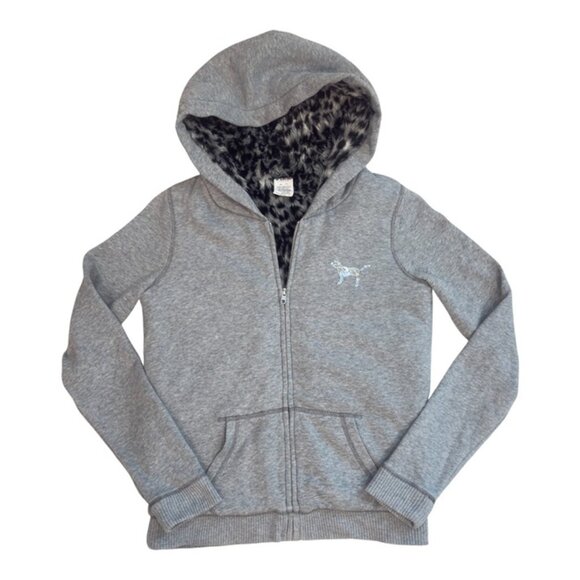 PINK Victoria's Secret Faux Fur Blinged out Full Zip Hoodie, RARE, XS, Grey, EUC - Picture 3 of 10